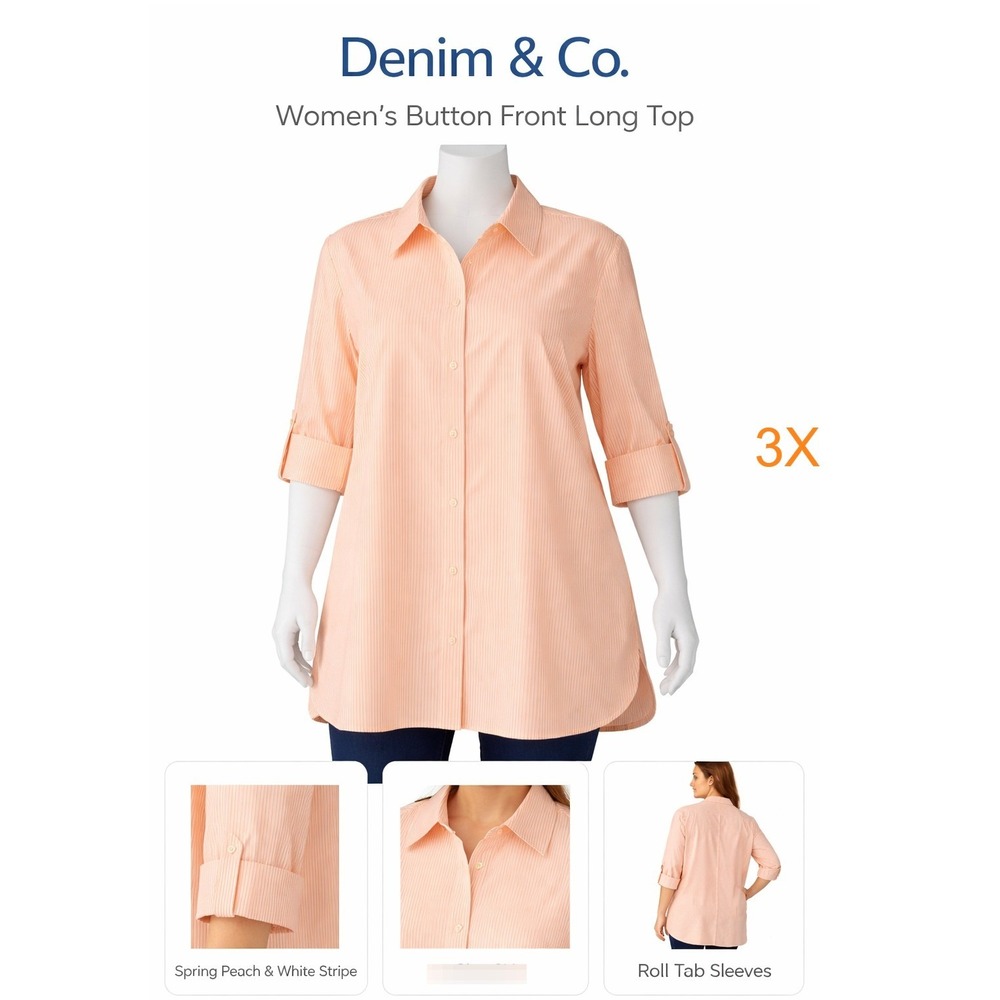 Denim & Co Womens 3X Peach White Stripe Button Front Long Tunic Top‎ A222217 NWT